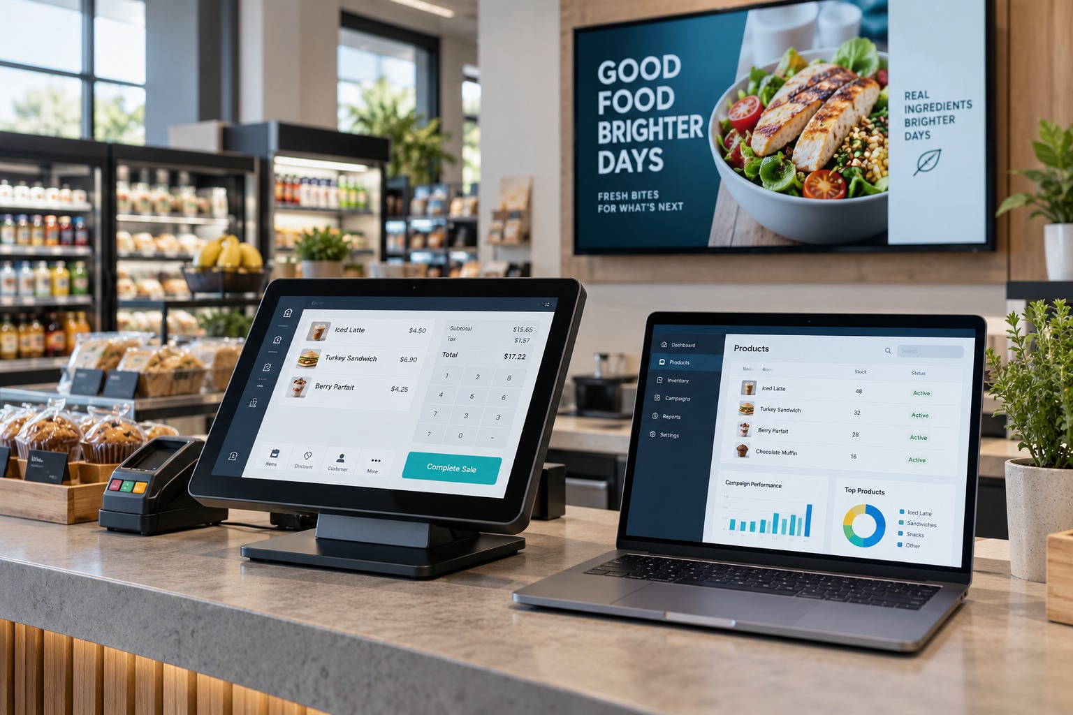 Illustrative connected retail environment with point of sale, inventory dashboard and digital signage