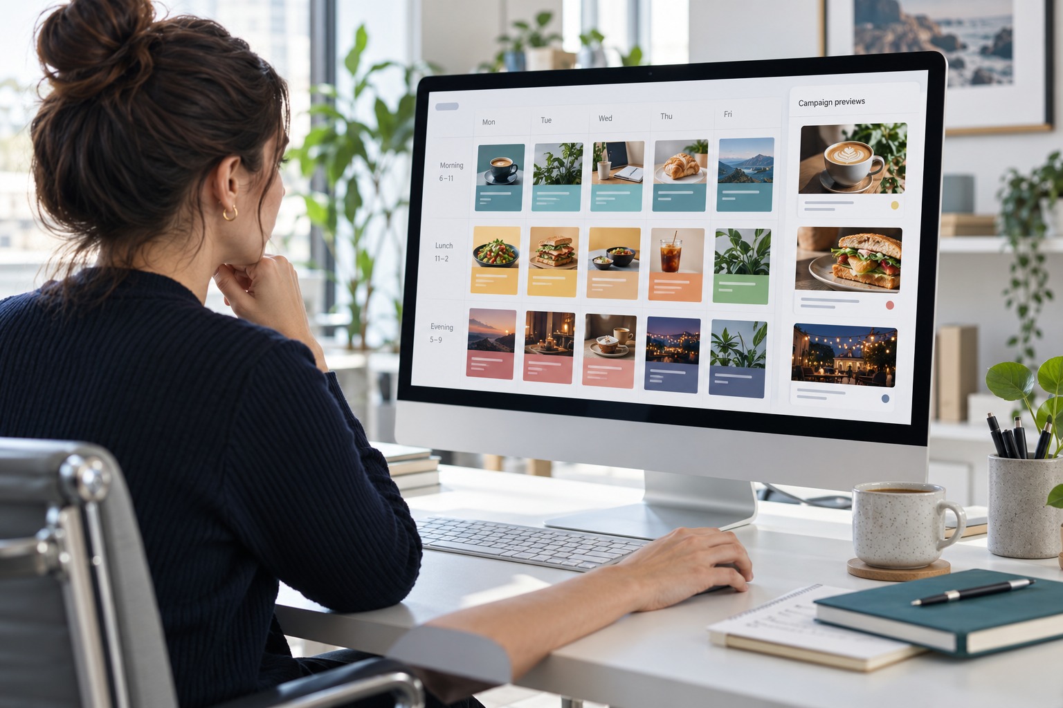 Illustrative planner reviewing campaign scheduling by day and time