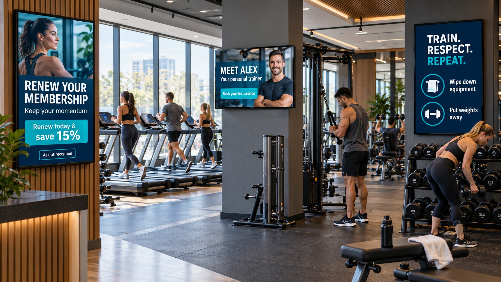 Gym visualisation with digital screens displaying membership, personal training and equipment care messages