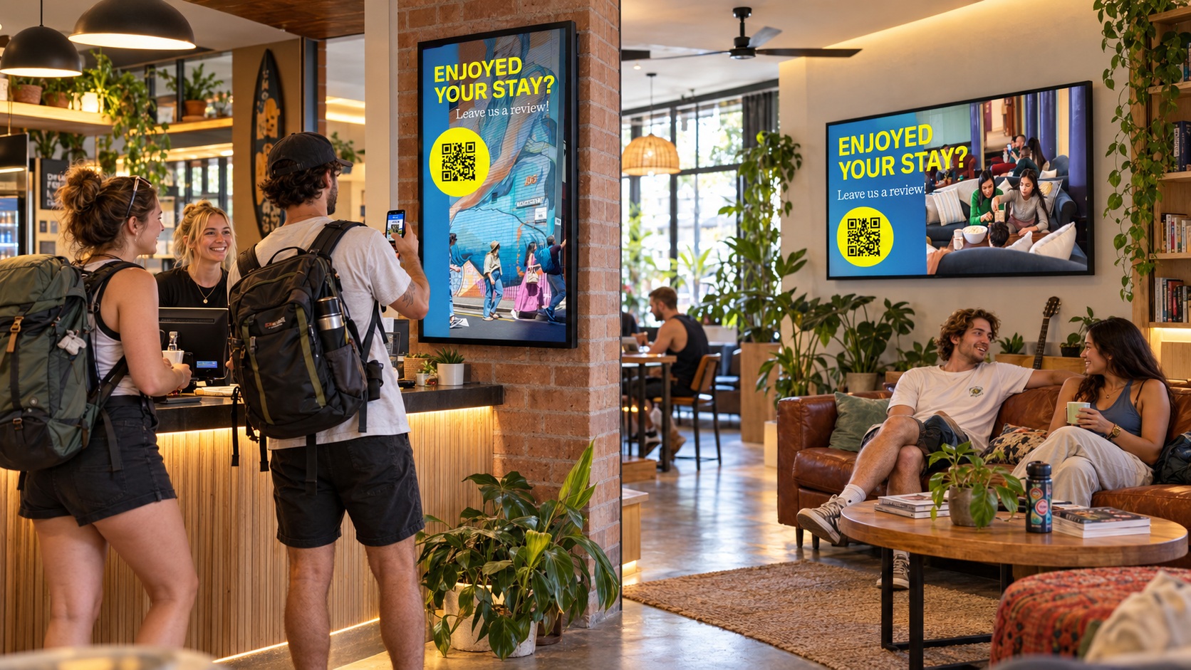Modern hostel reception with digital displays inviting guests to share reviews