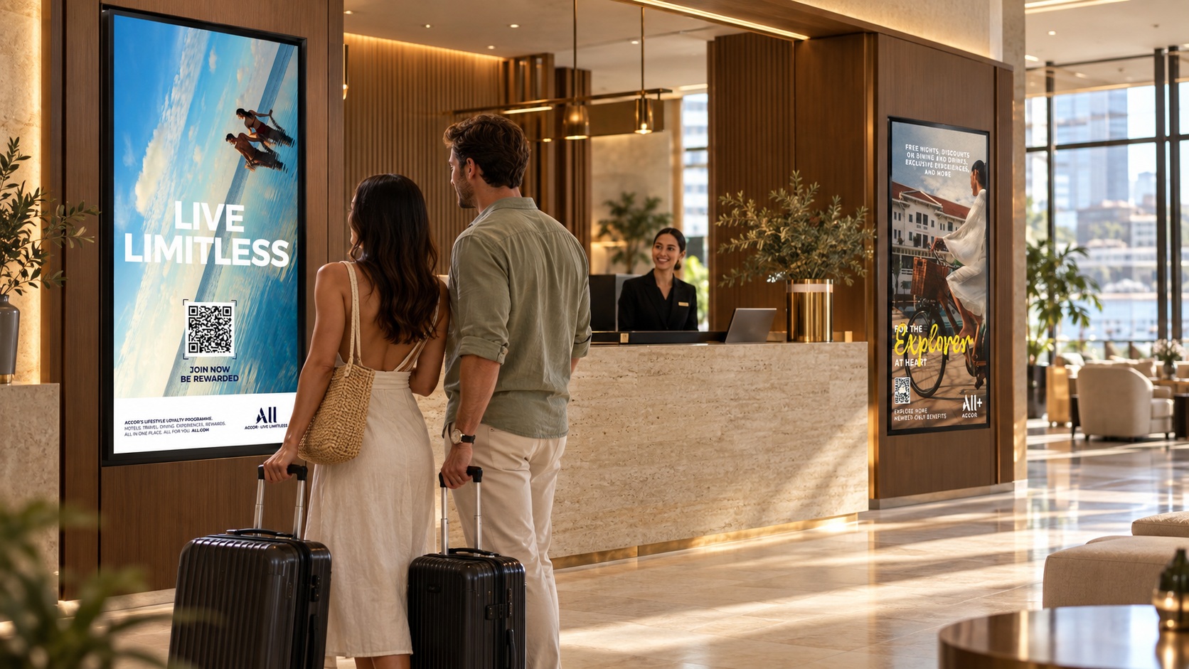 Luxury hotel lobby with digital displays featuring Accor loyalty and membership content