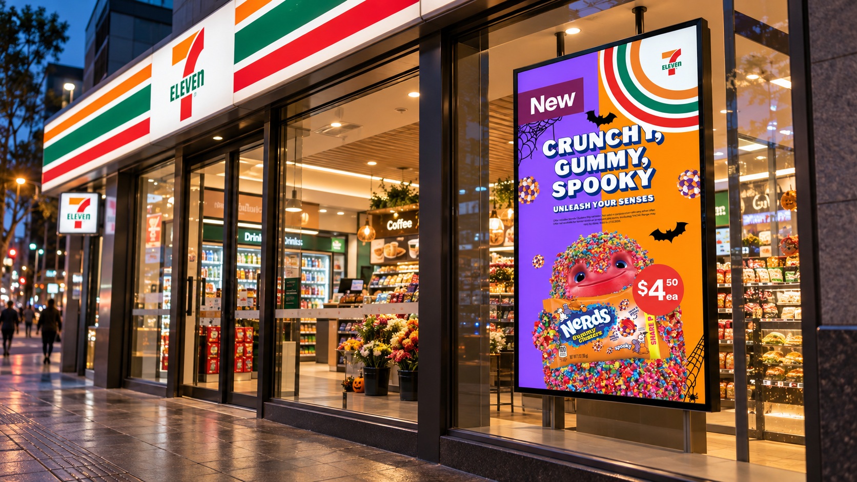 Digital retail campaign display at a 7-Eleven storefront