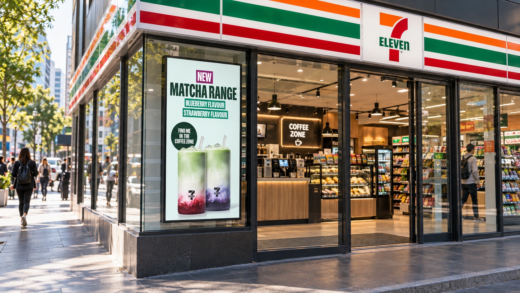7-Eleven storefront in morning light with a digital Matcha Range display beside the entrance