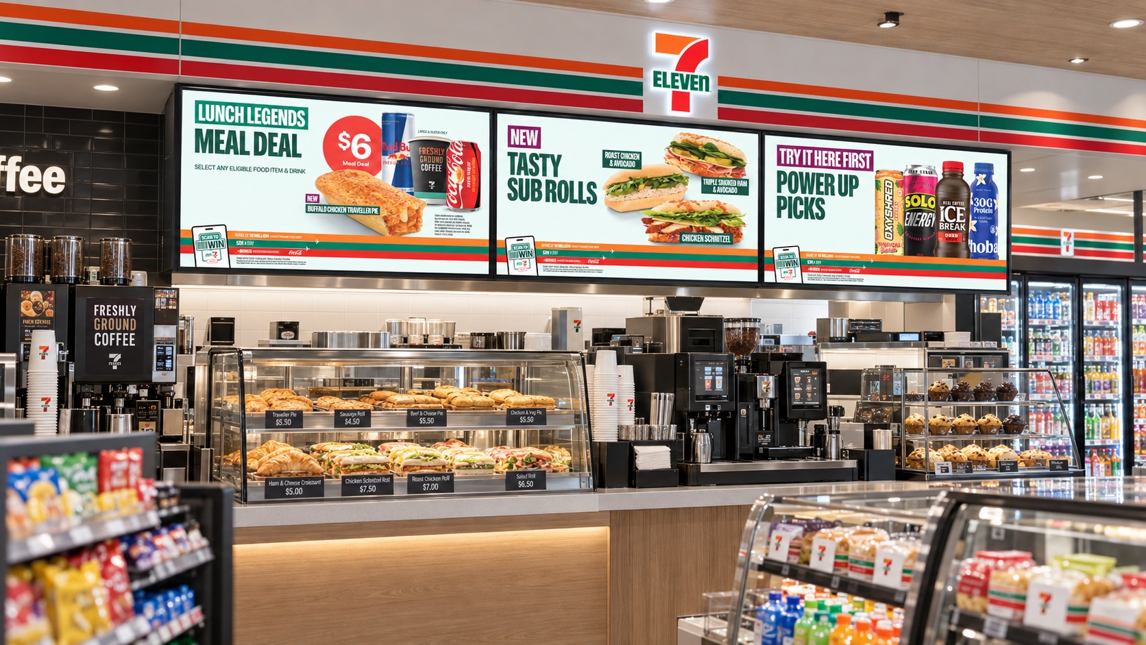 7-Eleven store visual showing three digital screens with meal-deal, sandwich and drinks campaigns